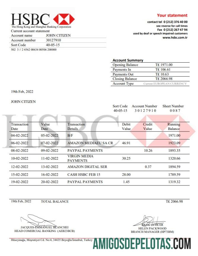 Modelo de extrato bancário HSBC da Turquia